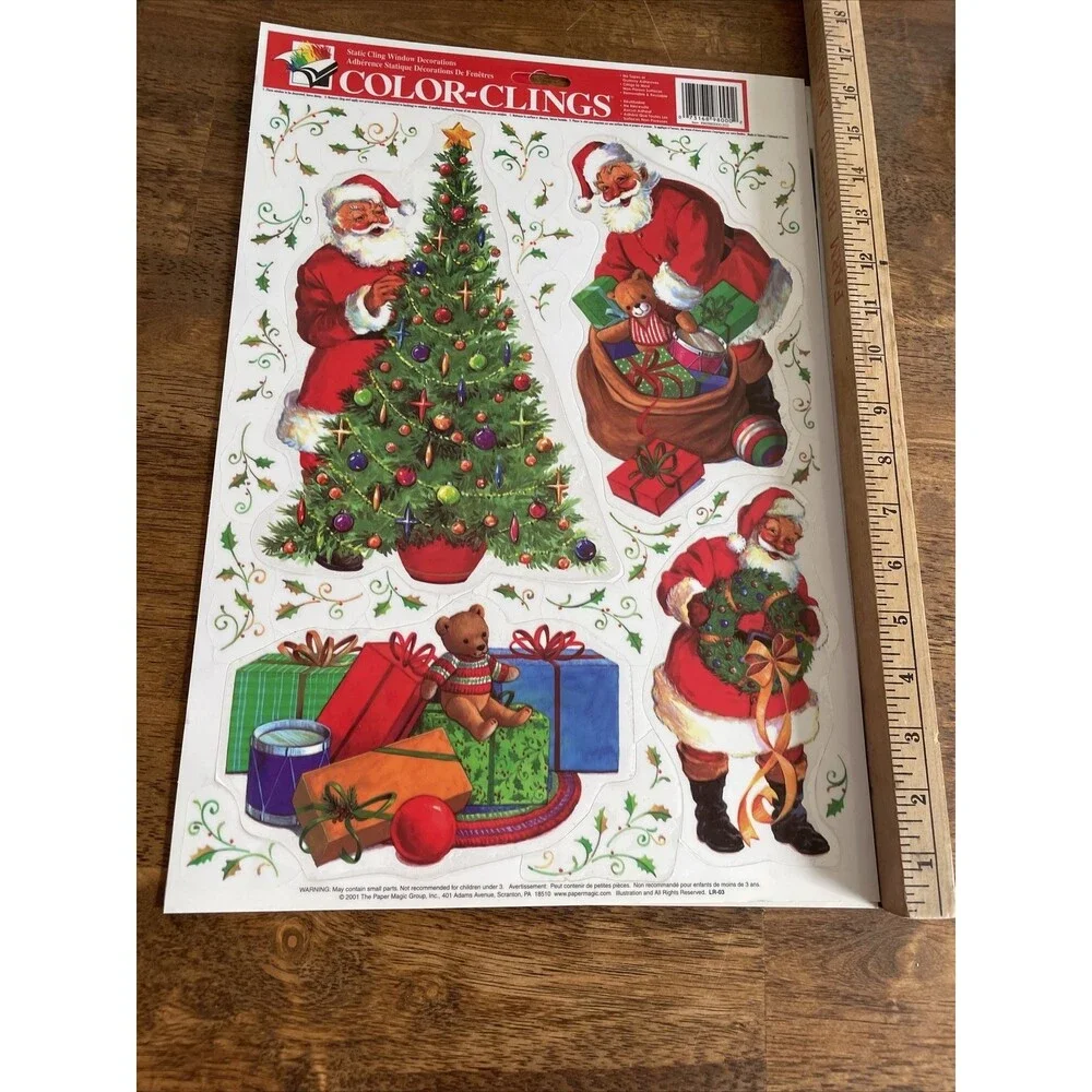 3 Vintage Christmas Vinyl Window Clings Santa Face Reindeer Sleigh Presents CUTE